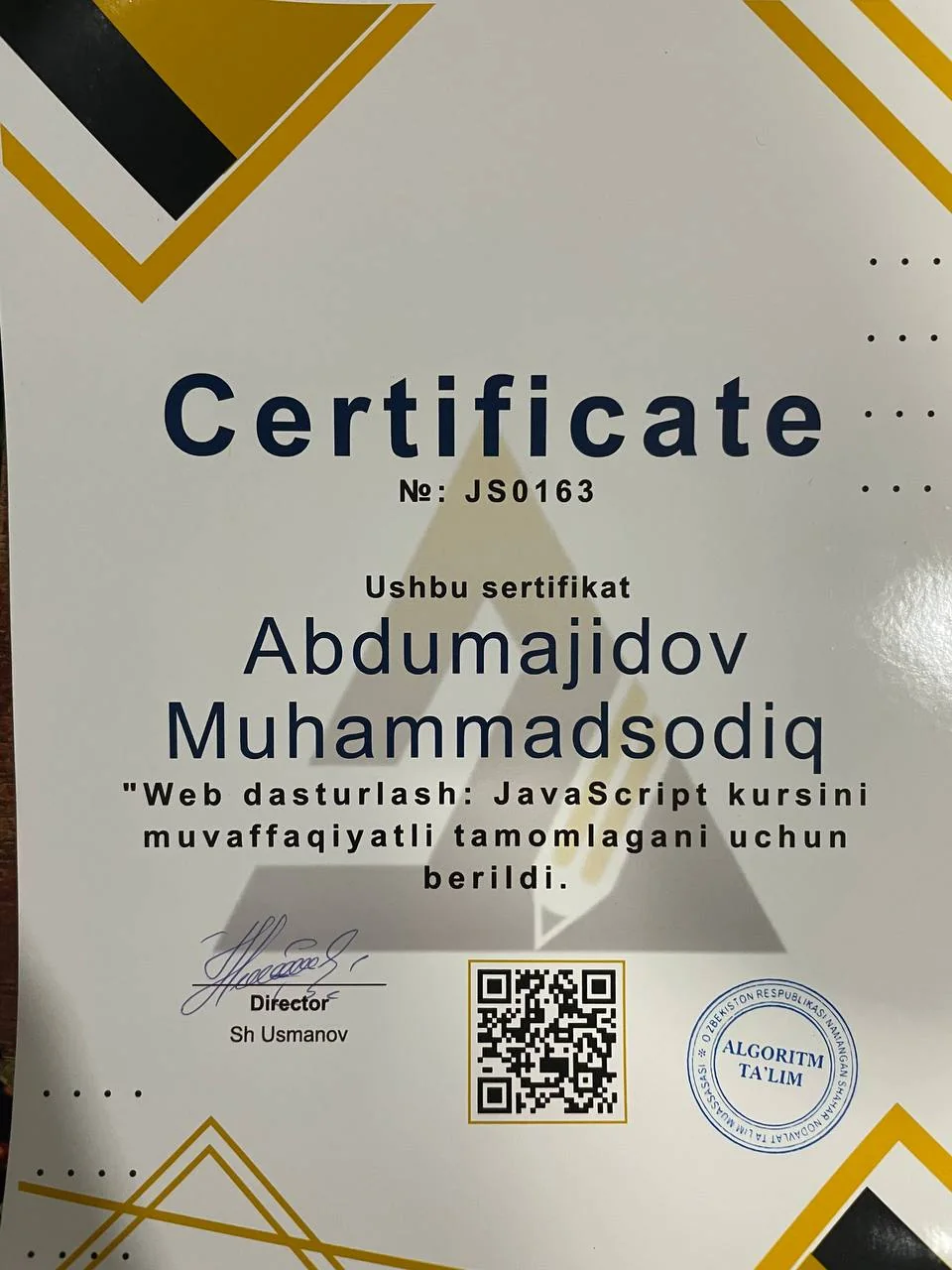 JavaScript web dasturlash kursi sertifikati