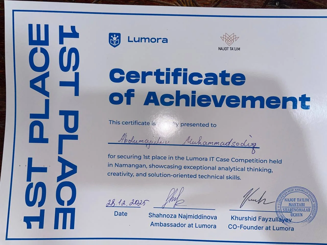 Lumora IT Case Competition 1-o‘rin sertifikati