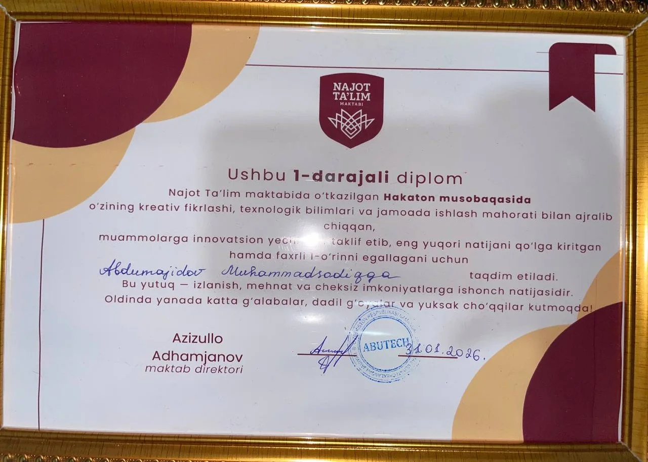 Najot Ta’lim Hackathon 1-o‘rin diplomi