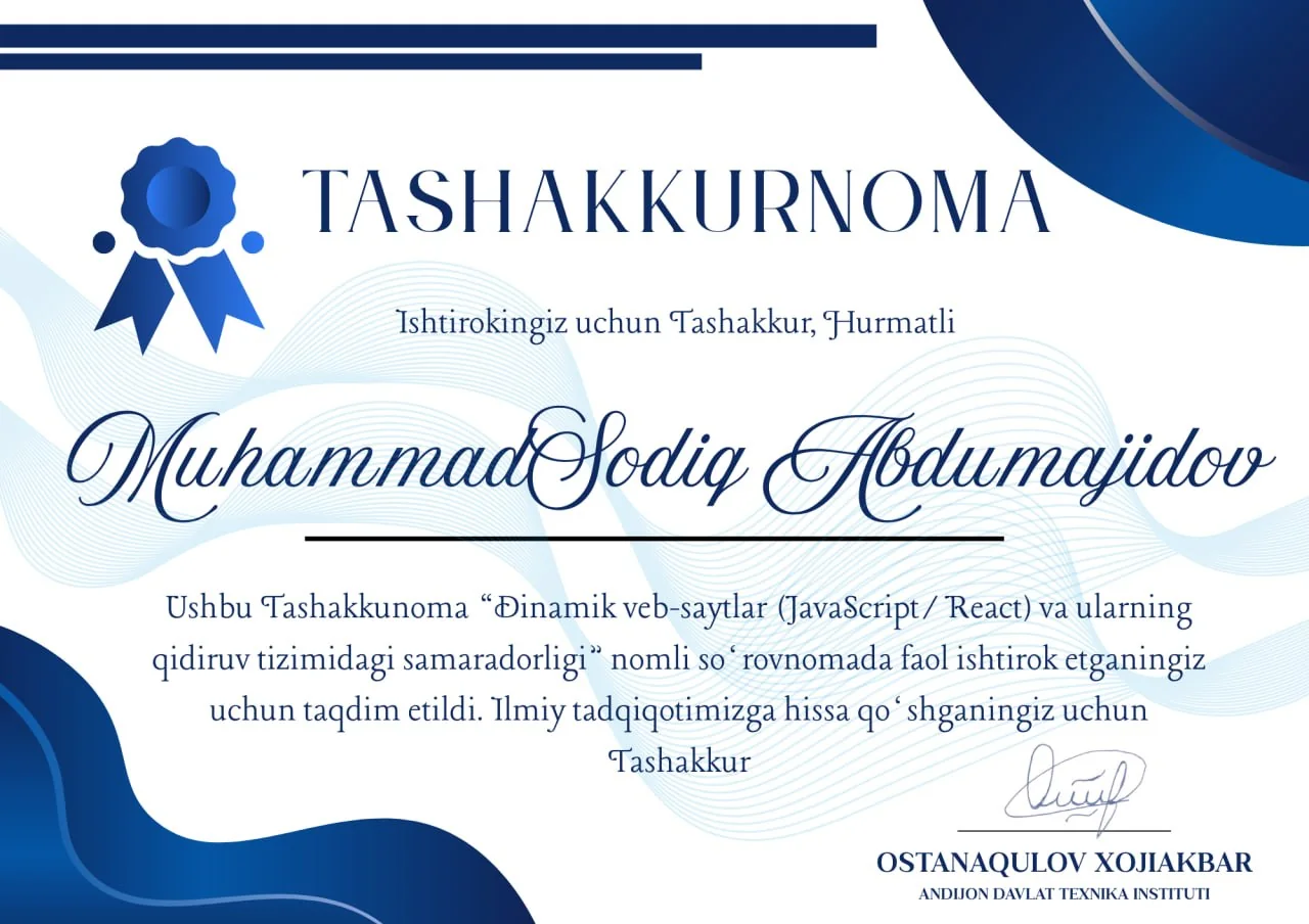 Dinamik veb-saytlar so‘rovnomasida ishtirok tashakkurnomasi