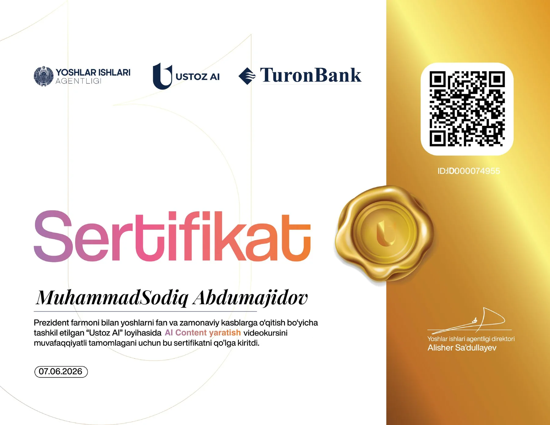Ustoz AI Content yaratish sertifikati