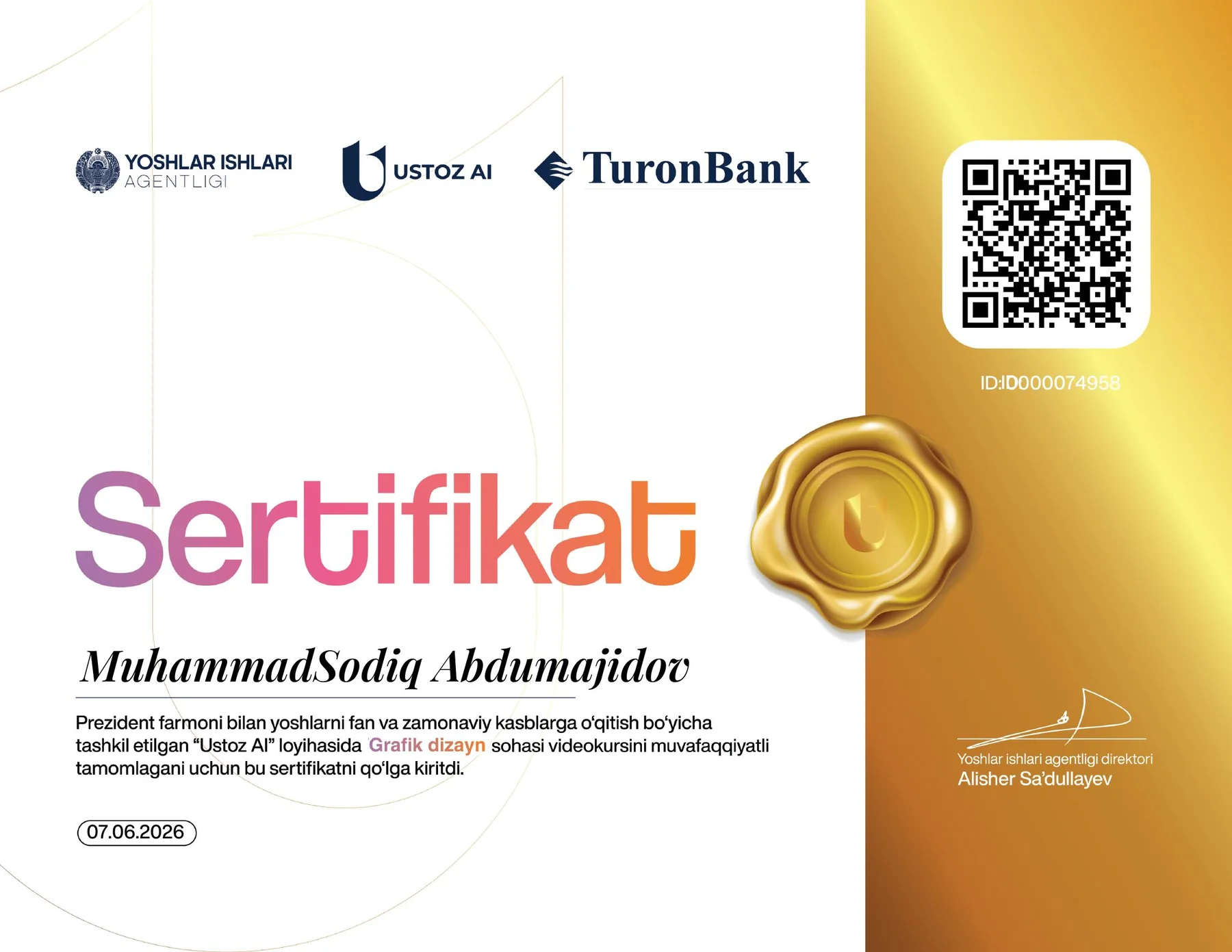 Ustoz AI Graphic Design sertifikati