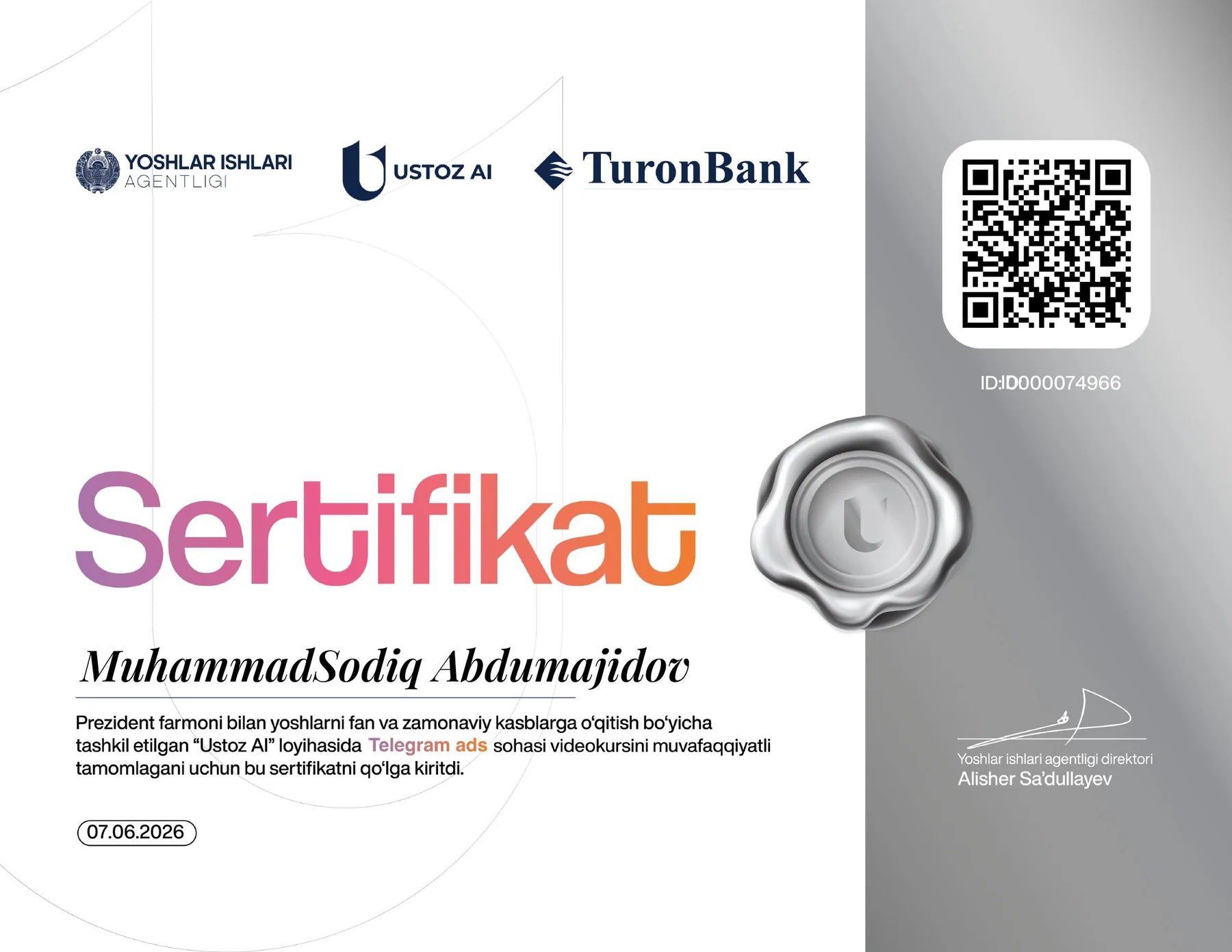 Ustoz AI Telegram Ads sertifikati